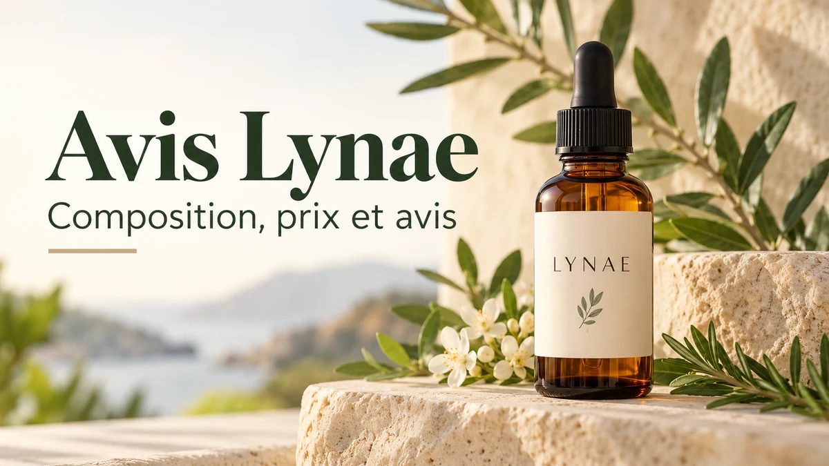 Avis Lynae : composition, prix et efficacité du drainant lymphatique Flacon compte-gouttes Lynae, drainant lymphatique, posé sur une pierre face à la Méditerranée parmi des rameaux d'olivier