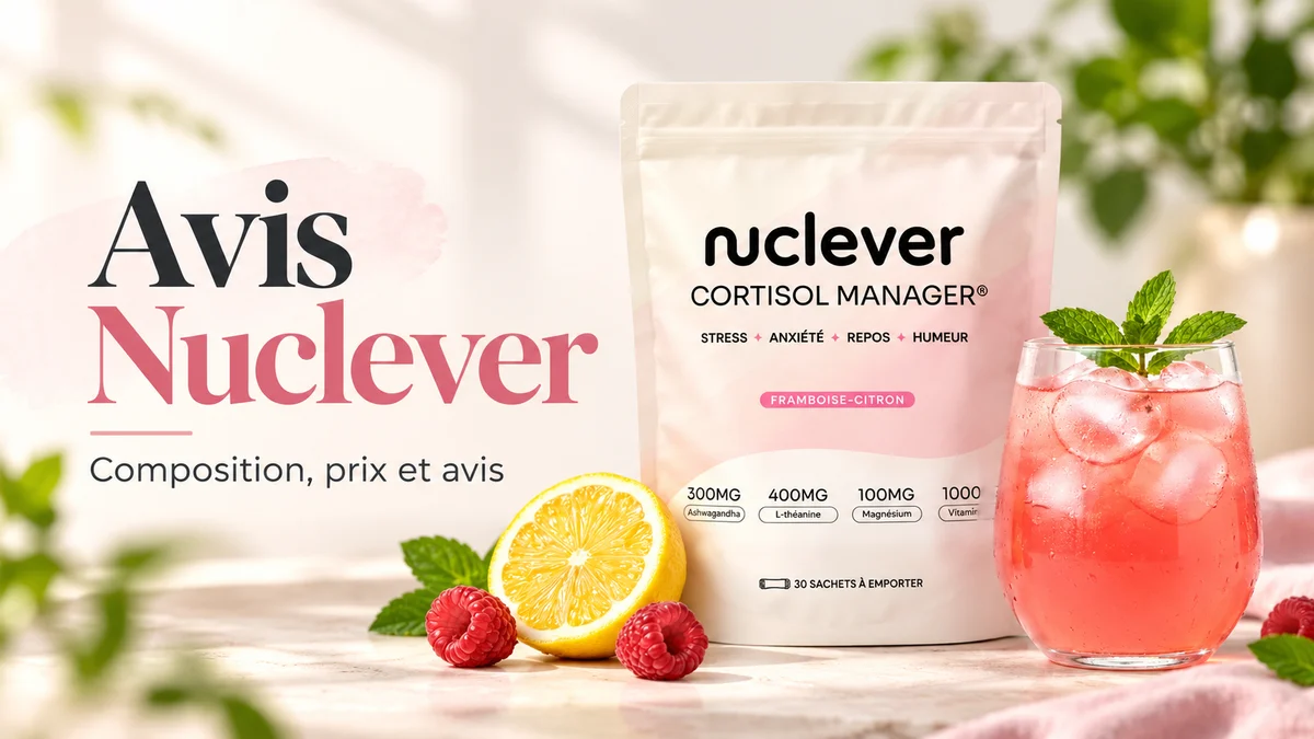 Sachet Nuclever Cortisol Manager saveur framboise-citron et son verre préparé, entourés de citron, framboises et menthe
